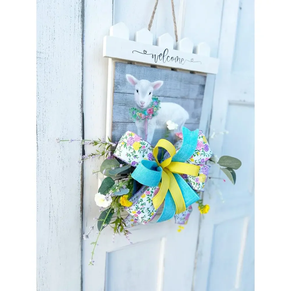 Easter Picket Fence Door Wreath with Lamb, Wood Porch Decoration, Floral Accents